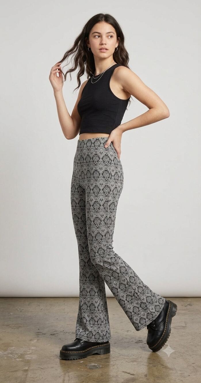 Soprano Damask Jacquard Print High Waist Knit Stretch Flare Pants XS Boho Retro